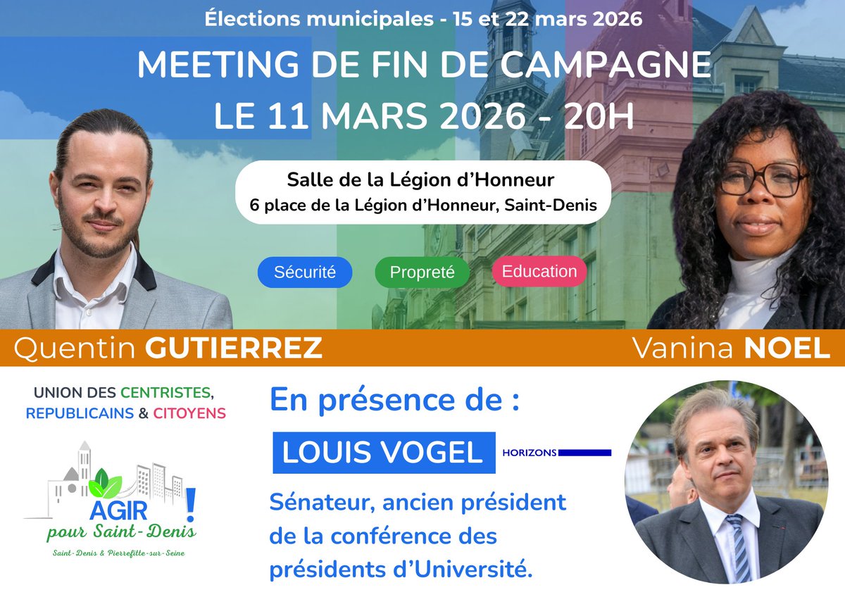 Nous avons le plaisir d'annoncer la présence de Louis Vogel, sénateur Horizons et ancien président de la conférence des présidents d'Université, à notre meeting.
Retrouvez nos propositions sur agirsd.fr
#municipales2026 #saintdenis #saintdenis93 #pierrefittesurseine