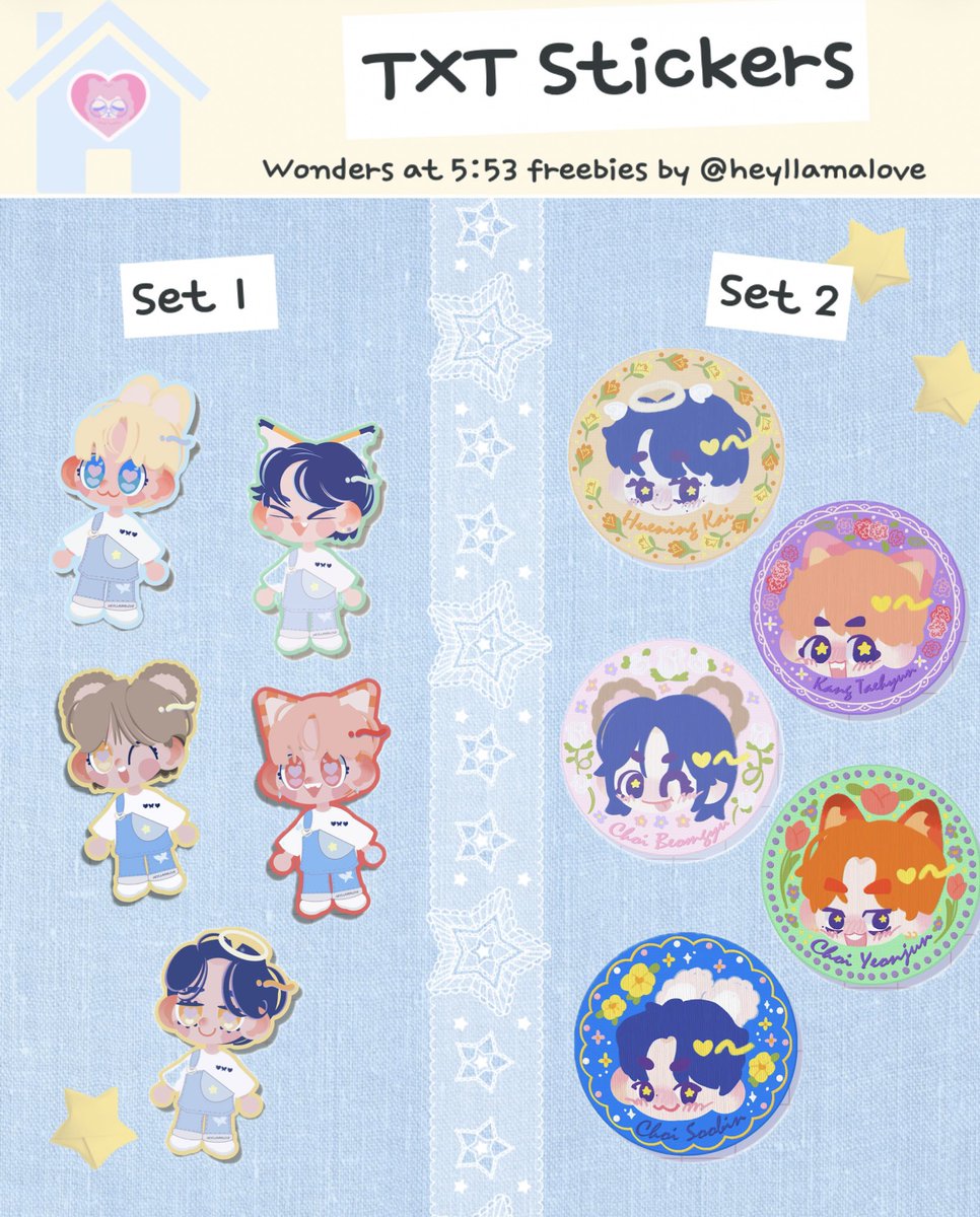 ⭐️ txt sticker packs ⭐️
wonders at 5:53 freebies by heyllamalove

still had extra stickers so decided to give them away too☺️

🩵 sure to get ot5
🩵 1 set:1 person since VERY limited 
🩵 show this twt to claim~^^

#DunkinPH_TXT #DunkinPH_WondersAt553 #TOMORROW_X_TOGETHER #TXT