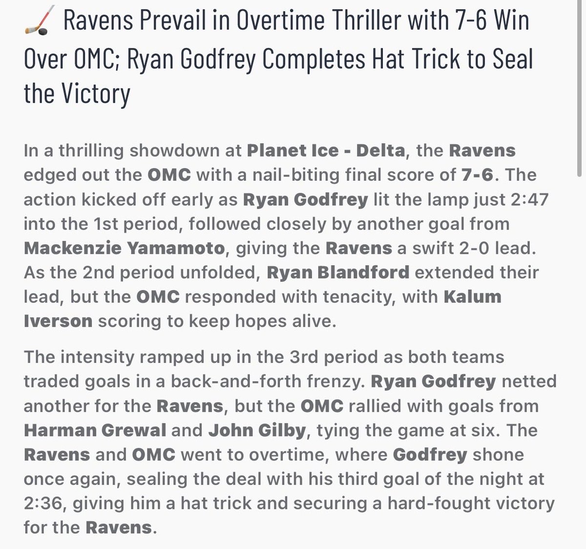 NDRavensHC's tweet photo. Ravens defeat OMC 7-6 in overtime! https://t.co/YfCmwwDj32