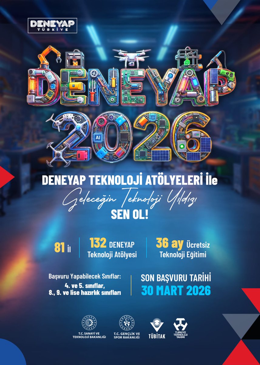 📣 #DENEYAP Teknoloji Atölyeleri’nde #GeleceğinTeknolojiYıldızları için başvurular devam ediyor! 💫
📍81 İl 
🏠132 DENEYAP Teknoloji Atölyesi 
🗓 36 Ay Ücretsiz Teknoloji Eğitimi 
Başvurunu yap, "Teknoloji Geliştiren Bir Türkiye Hedefinde" Geleceğin Teknoloji Yıldızı Sen Ol! 🌟