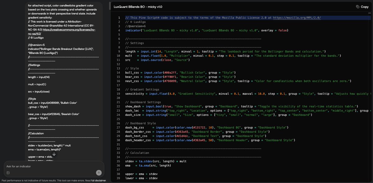 mickyticks's tweet photo. Can't stop me now with @LuxAlgo Quant🔥

Had a quick idea before I end the night on the classic Bollinger Band Breakout Oscillator from @LuxAlgo 

In a few prompts, it created something I have always wanted, but never knew how to code.

With Quant, I don't need to code.🔥🔥 https://t.co/9ej25dyEhg