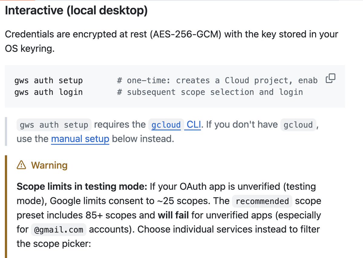 headinthebox's tweet photo. Was cautiously excited about the Google workspace CLI. But with every Google API or service, the first thing to check out is auth, ouch, I see "Cloud project", "scopes", "AES-256-GCM", ... and all my excitement evaporates on the spot, as with every Google API or service when it comes to auth.