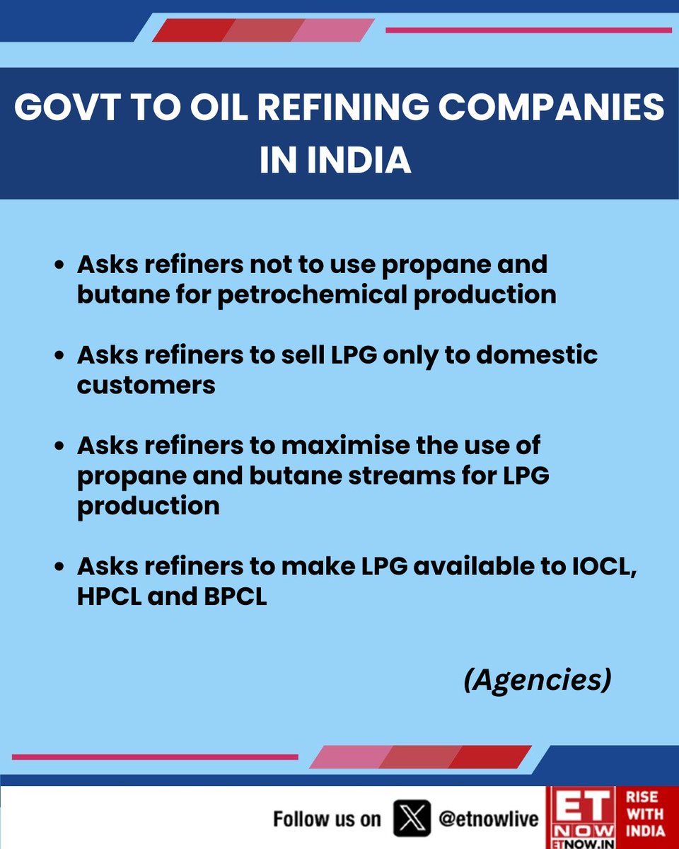 ETNOWlive's tweet photo. Government asks oil refining companies in India not to use propane and butane for petrochemical production (Agencies)
#LPG #PropaneButane #OilRefiners #IndiaEnergy https://t.co/xh19nh1GUD