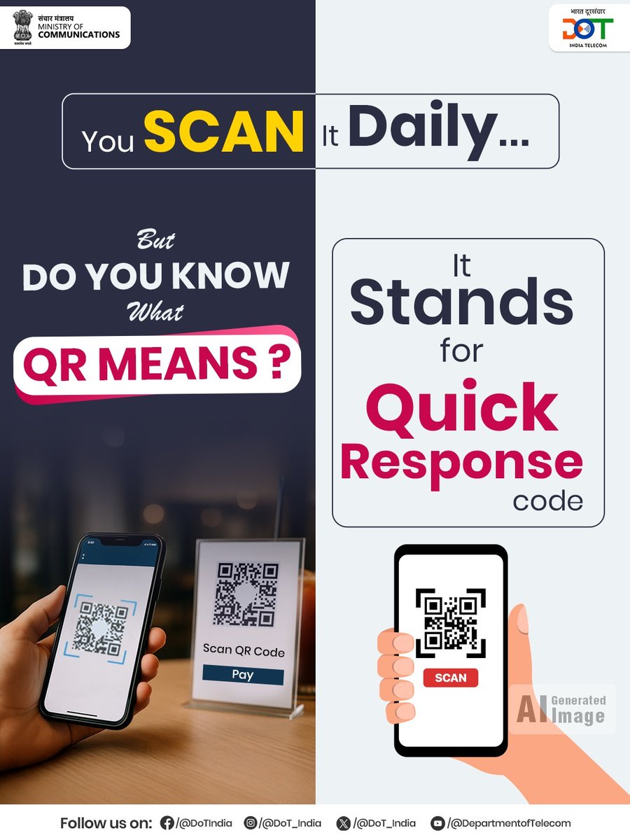 DoT_KolkataLsa's tweet image. QR stands for Quick Response code — enabling instant access to information, services, and secure digital payments.

A simple scan, powering India’s digital transformation.
#DigitalIndia #QRcode #QuickResponse #DigitalPayments #DoT
@JM_Scindia @PemmasaniOnX