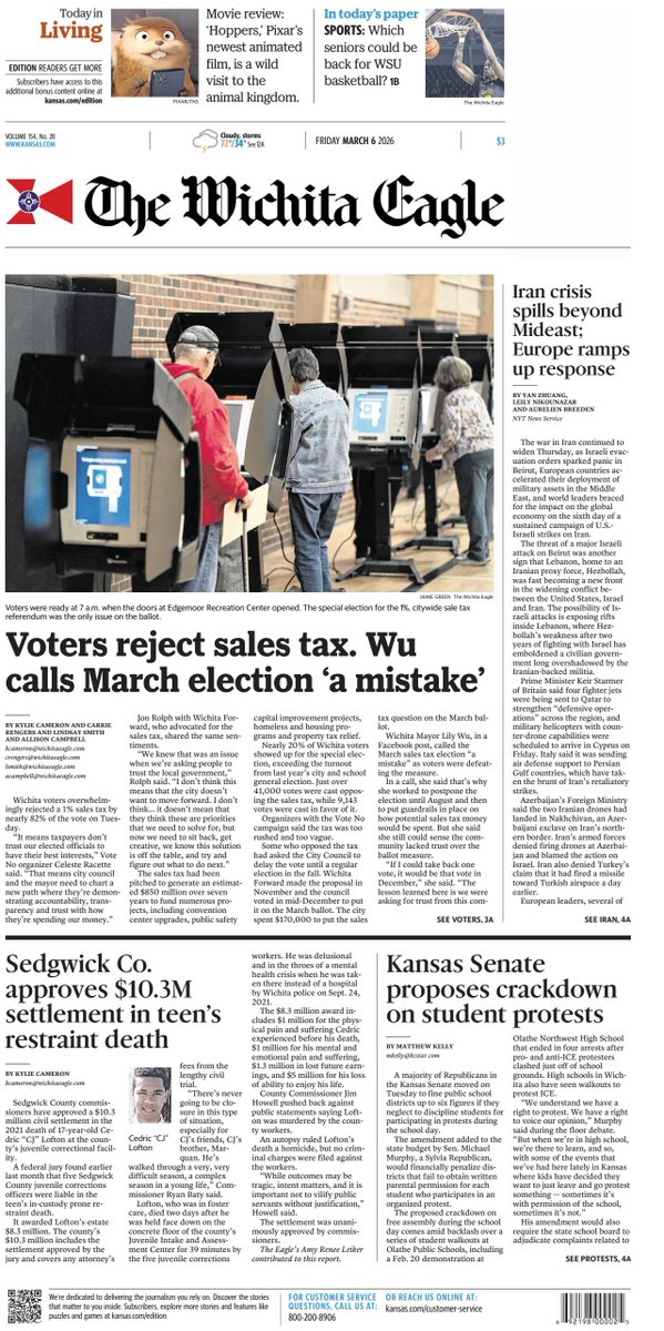 🇺🇸 Voters reject sales tax, Wu calls March election 'a mistake'

▫<a href="/ByKylieCameron/">Kylie Cameron 🌻</a>
▫is.gd/UoTU4Z

#frontpagestoday #USA <a href="/kansasdotcom/">kansasdotcom</a> 🇺🇸
