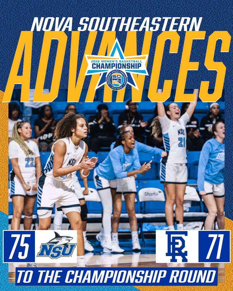 D2SSC's tweet photo. THE SHARKS ARE CHAMPIONSHIP BOUND!
Nova Southeastern hosts Florida Southern in the 2026 SSC Women's Basketball Championship this Sunday at 1:00 p.m.
#SSCTourney https://t.co/Rt4Zl5gmXD