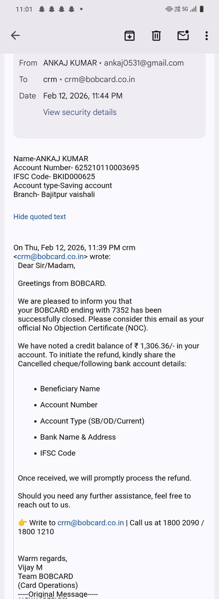 _anku__mishra_'s tweet photo. I had submitted a request to close my BOB credit card ending with 7352. There was an extra amount of ₹1306.36 in the card. I had already provided my bank details to get that amount refunded but I have not received the money yet and the card has still not closed.@bobcardofficial https://t.co/J4IVc5cEPT