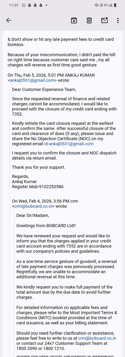 _anku__mishra_'s tweet photo. I had submitted a request to close my BOB credit card ending with 7352. There was an extra amount of ₹1306.36 in the card. I had already provided my bank details to get that amount refunded but I have not received the money yet and the card has still not closed.@bobcardofficial https://t.co/J4IVc5cEPT