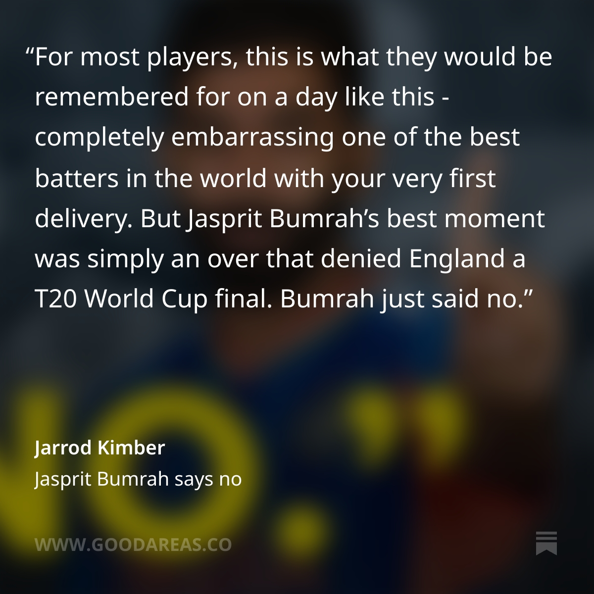ajarrodkimber's tweet photo. ✍️Bumrah’s best moment was simply an over that denied England a T20 World Cup final.

https://t.co/FVlySg1hJ7 https://t.co/27Mosnscxp