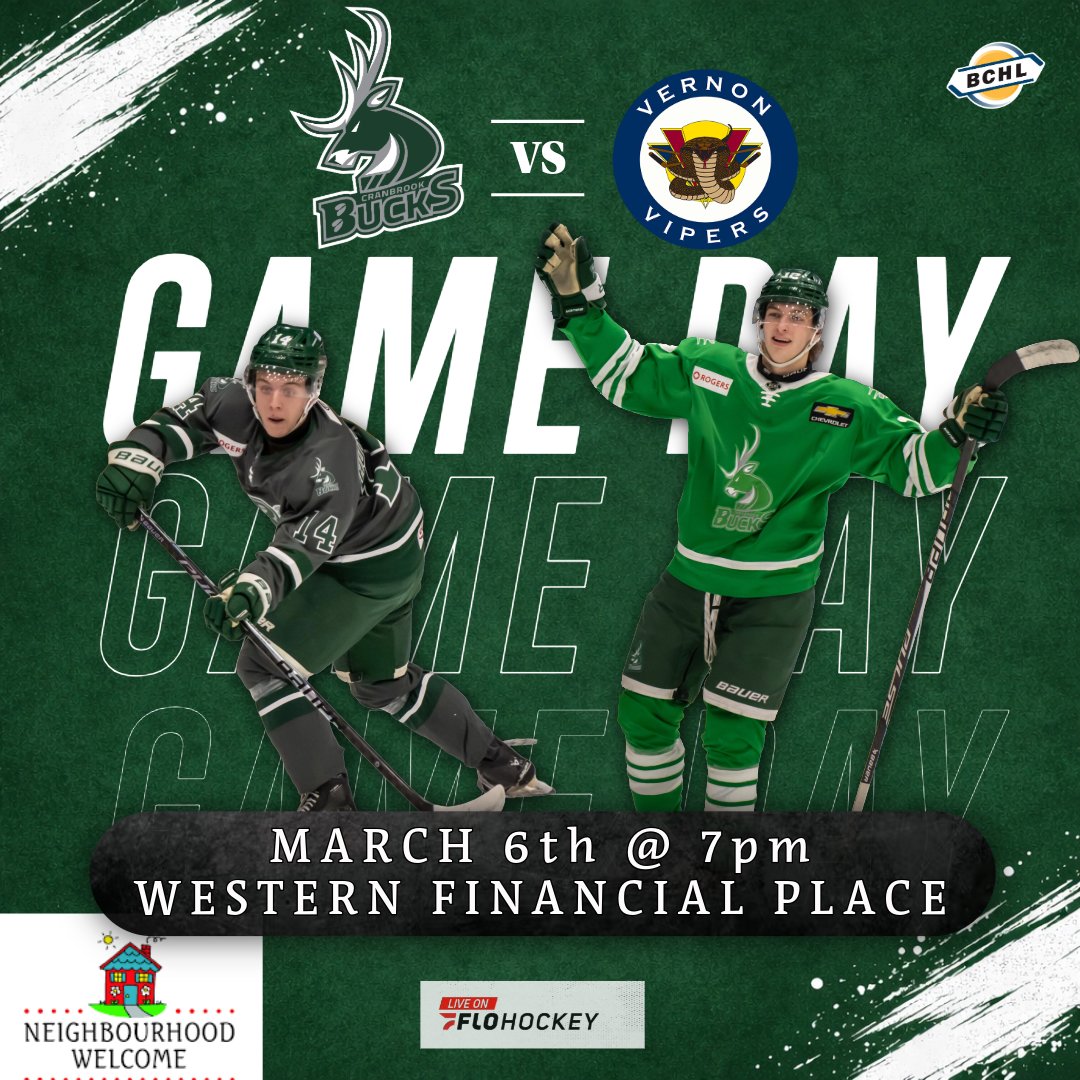 CranbrookBucks's tweet image. 🚨GAMEDAY TONIGHT!🚨

Puck drop at 7pm today as the Bucks take on the Vernon Vipers!

Thank you to Neighborhood Welcome for sponsoring tonights game and intermission Games!

See you at Western Financial Place!🦌

#FearTheDeer #gobucksgo #GoBucks #bchl #jointheherd
