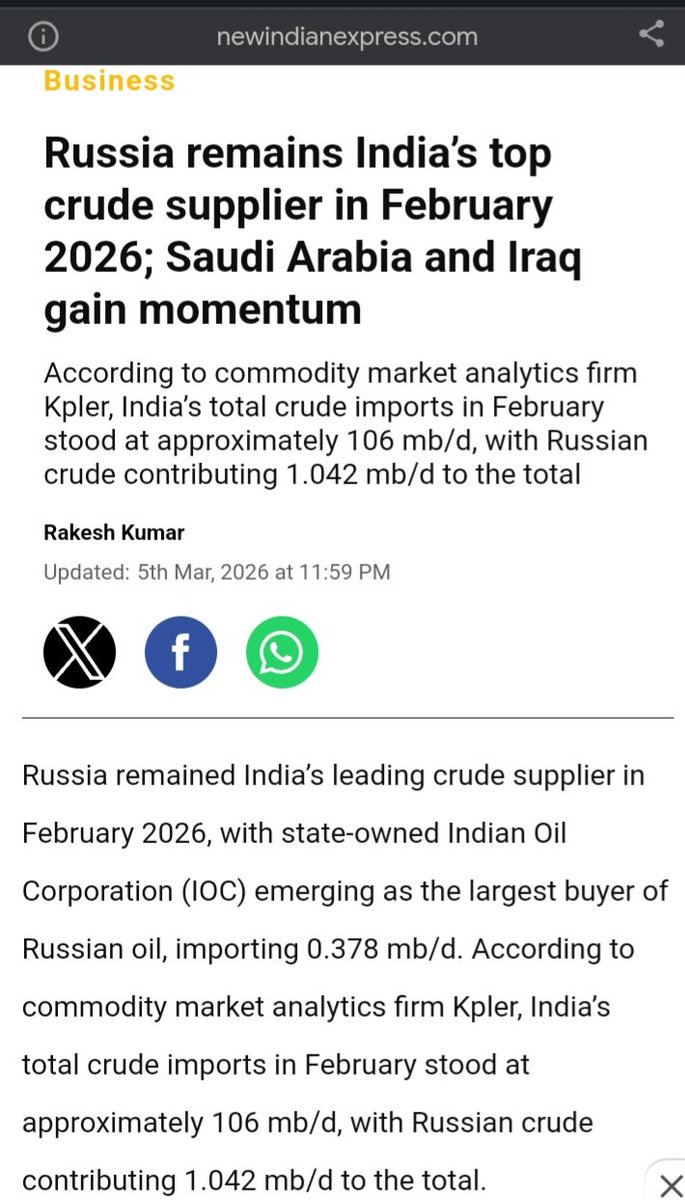 US is playing mind game. #Congress latching on to those False Statements without any understanding of reality.

#India, throughout February 2026,  procured more than 1 million barrel of Crude Oil from #Russia, per day. 

US pretending to give permission when no one asked for one.