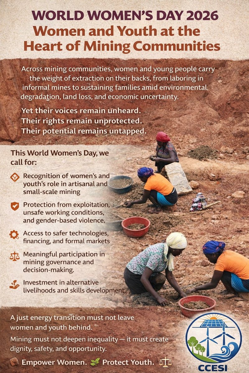 ClimateShi71041's tweet photo. A Just Energy Transition requires justice at the source. On #IWD2026, we demand the removal of systemic barriers for women in the minerals sector. From the mine to the boardroom, women's leadership is non-negotiable for a truly sustainable future. #Mining #WomenInMining https://t.co/WCLkEViijC