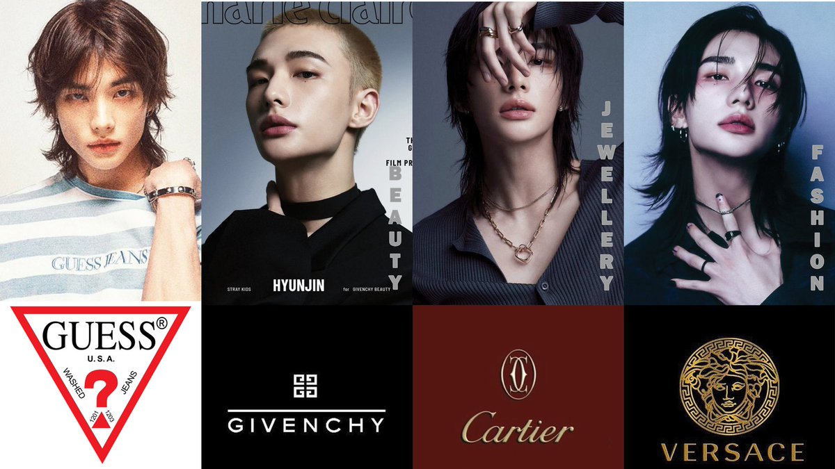VERSACE Global Brand Ambassador 
CARTIER Global Brand Ambassador 
Givenchy Beauty Brand Ambassador 
GUESS Global Brand Ambassador 

And we know another one is coming 🙂‍↕️

HYUNJIN JOINS GUESS
HYUNJIN GUESS GLOBAL AMBASSADOR
#HYUNJINforGUESSJEANS
#HYUNJINxGUESS