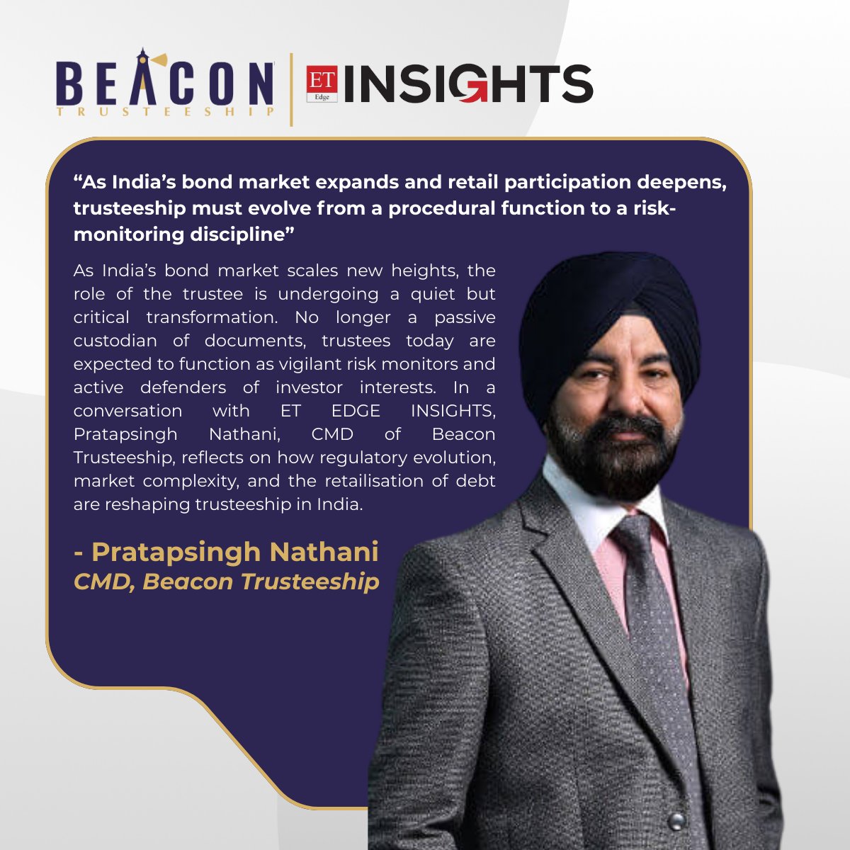 beacontrustee's tweet photo. As India’s bond market grows, trustees must move to active risk oversight, says Pratapsingh Nathani, CMD, Beacon Trusteeship in ET Edge Insights.

🔗 https://t.co/QjDYysxVk5

#BondMarket #BeaconTrusteeship https://t.co/5rhU7K65sp