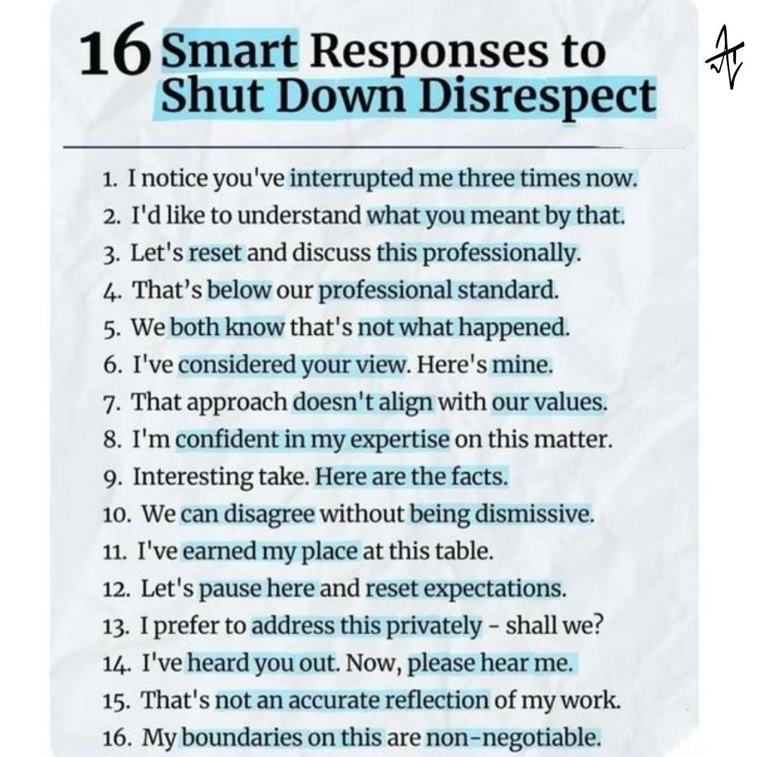 AkkshyeTulsyan's tweet image. If you want to sound calm, clear, and controlled, even when disrespected, use responses like these! 
#CommunicationSkills #WorkplaceConfidence #Boundaries