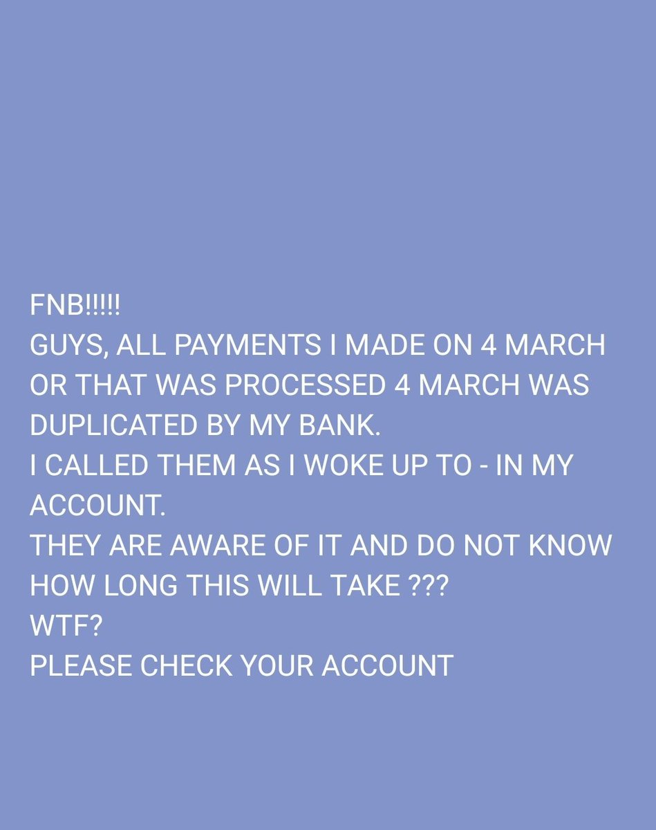 Uhm so I was told that they don't know how long this issue would take to rectify, it could be Monday... <a href="/FNBSA/">FNB South Africa</a>