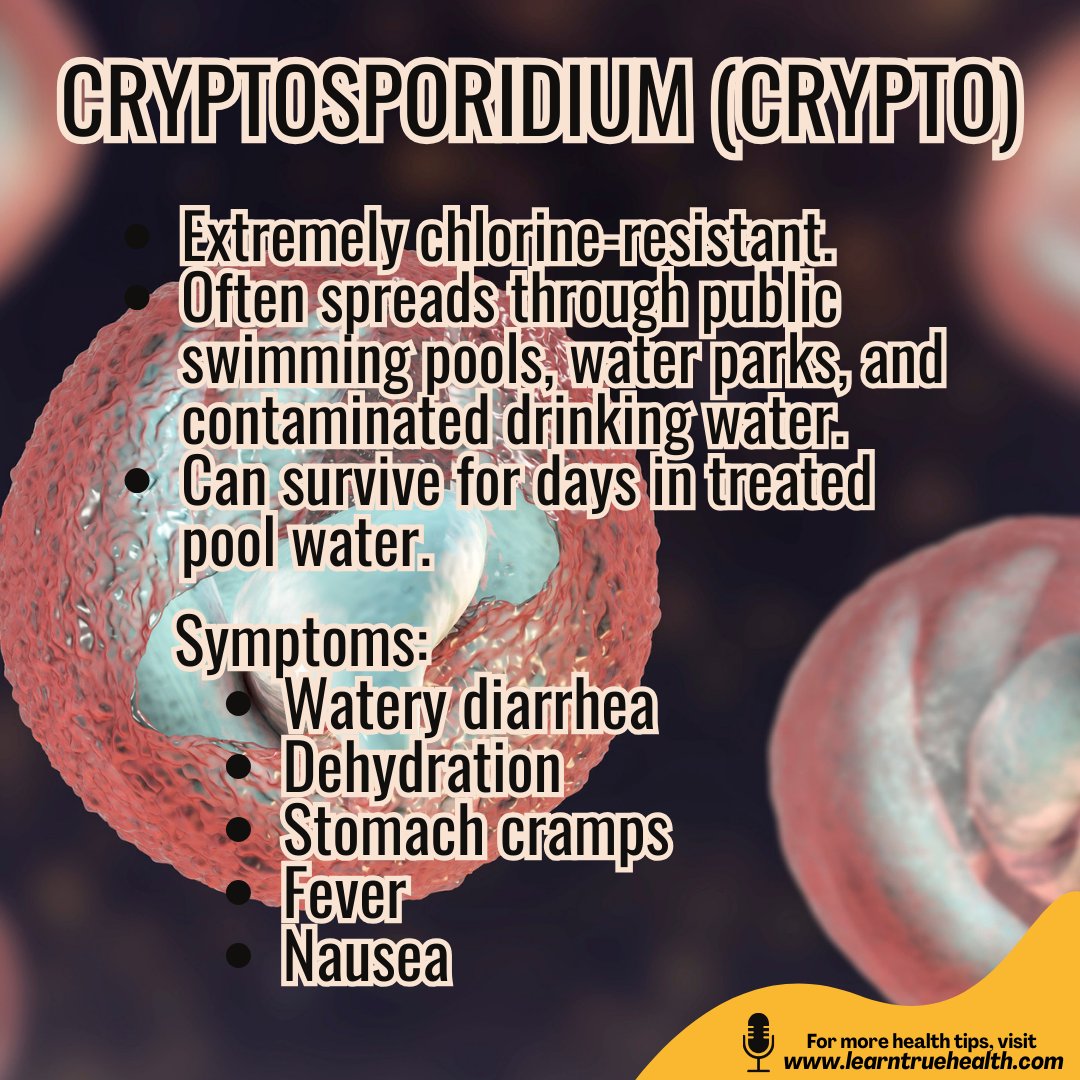 LearnTrueHealth's tweet image. Clear water doesn’t always mean clean water. #Parasites can enter water through sewage, animal waste, flooding, and runoff—and many are microscopic.
Prevention: drink filtered/boiled water, wash produce well, avoid swallowing pool or lake water.