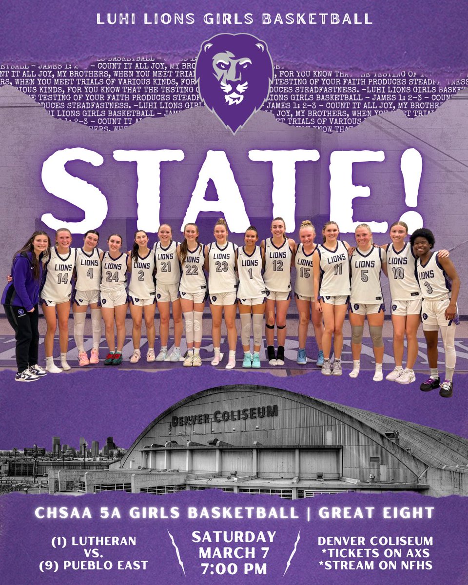 🏀 Girls Basketball Great Eight STATE GAME DAY info!
🗓️ Saturday, March 7
⏰ 7:00 PM
(1) Lutheran VS. (9) Pueblo East
📍Denver Coliseum (4600 N Humboldt St, Denver, CO 80216)
🎟️ Tickets/Parking: axs.com/events/1329877…
🎥 Stream on NFHS: nfhsnetwork.com/associations/c…
🔗 5A Girls