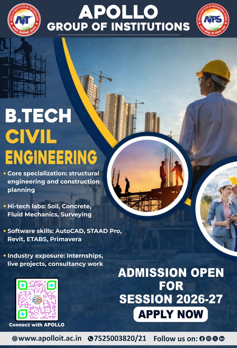ApolloKanpur's tweet photo. 🌟 Admissions Open for https://t.co/F2cJ30qngA in Civil Engineering!

Join *Apollo Group of Institutions* and build a strong foundation in infrastructure, construction, and innovation.

#Admissions2026 #BTechCivil #CivilEngineering #ApolloGroupOfInstitutions #FutureBuilders https://t.co/I5yMBW6ysD