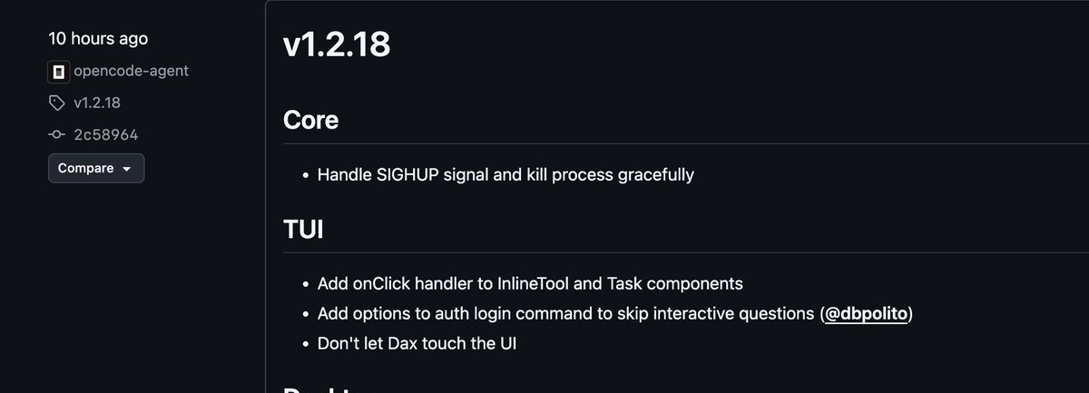 sebglab's tweet photo. whenever i see a new @opencode version i check the changelog and i love the last TUI addition in v1.2.18

any reason why @thdxr is not allowed to touch the UI? 😭 https://t.co/24rJiX8dRM