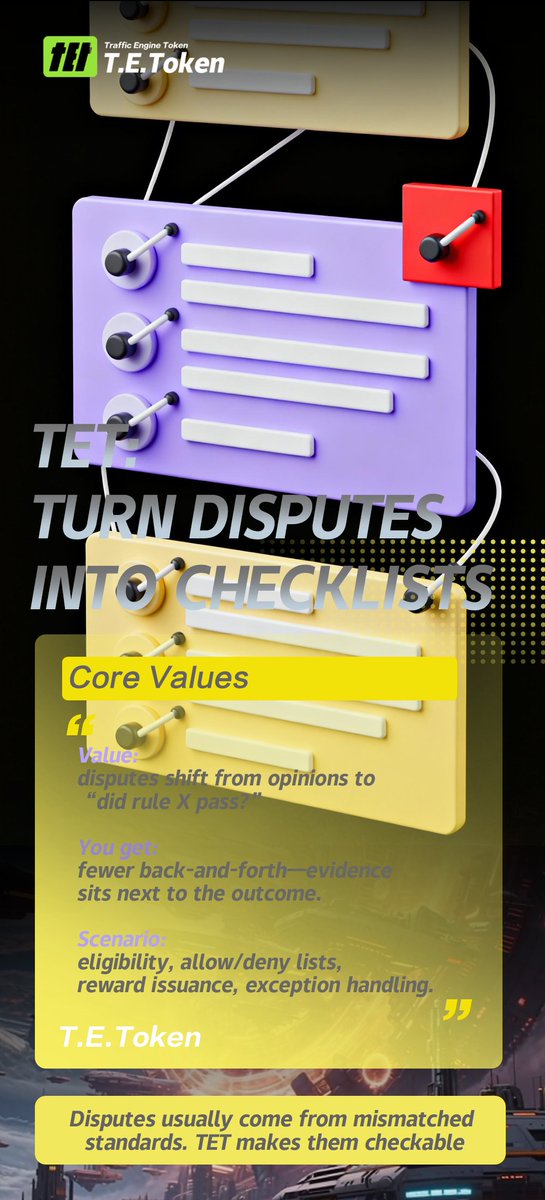 TET_Community's tweet photo. 🧾 TET: Turn Disputes into Checklists

🧩 Disputes usually come from mismatched standards. TET makes them checkable.
📣 Value: disputes shift from opinions to “did rule X pass?”
📌 You get: fewer back-and-forth—evidence sits next to the outcome.
🧪 Scenario: eligibility, allow/deny lists, reward issuance, exception handling.
🏷️ #TET #DRIXPAY #FUSN #Workflow #SystemGovernance #BlockchainApplications #Architecture #FinTech #Web3