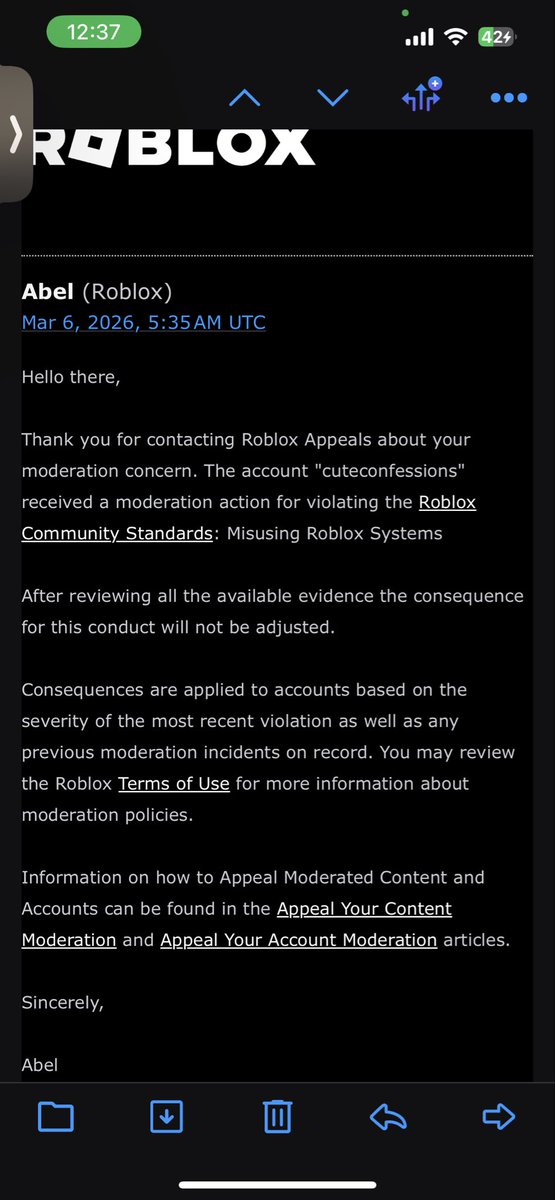 heyitzzmimi's tweet photo. Roblox moderation terminated my roblox account for absolutely no reason!

all they said was "misusing roblox systems" when i never did anything wrong, acc; CuteConfessions

i emailed them 3 times and they have denied my appeal for something i didnt do!! @Roblox @Roblox_RTC https://t.co/C6O7cJR2rR