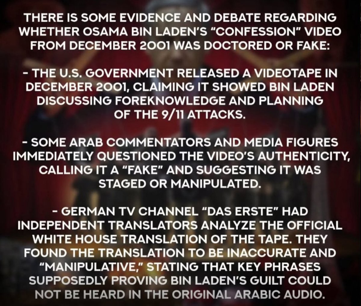 most people have no idea osama bin laden denied any involvement in 9/11, condemned the attacks and accused israel of staging them…

25 years later it’s all starting to make sense…