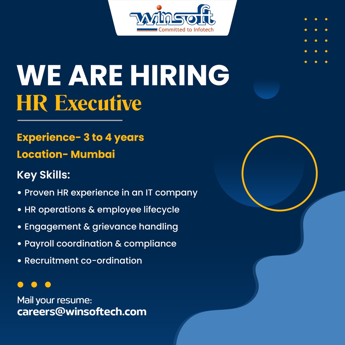 Winsoft_Tech's tweet photo. We are Hiring | HR Executive

If you have 3–4 years of HR experience in an IT company this opportunity could be for you.
📍 Mumbai
📩 careers@winsoftech.com

#Hiring #HRExecutive #MumbaiJobs #Careers #MumbaiHiring #HumanResource #winsoft https://t.co/qEJglZ0KrD