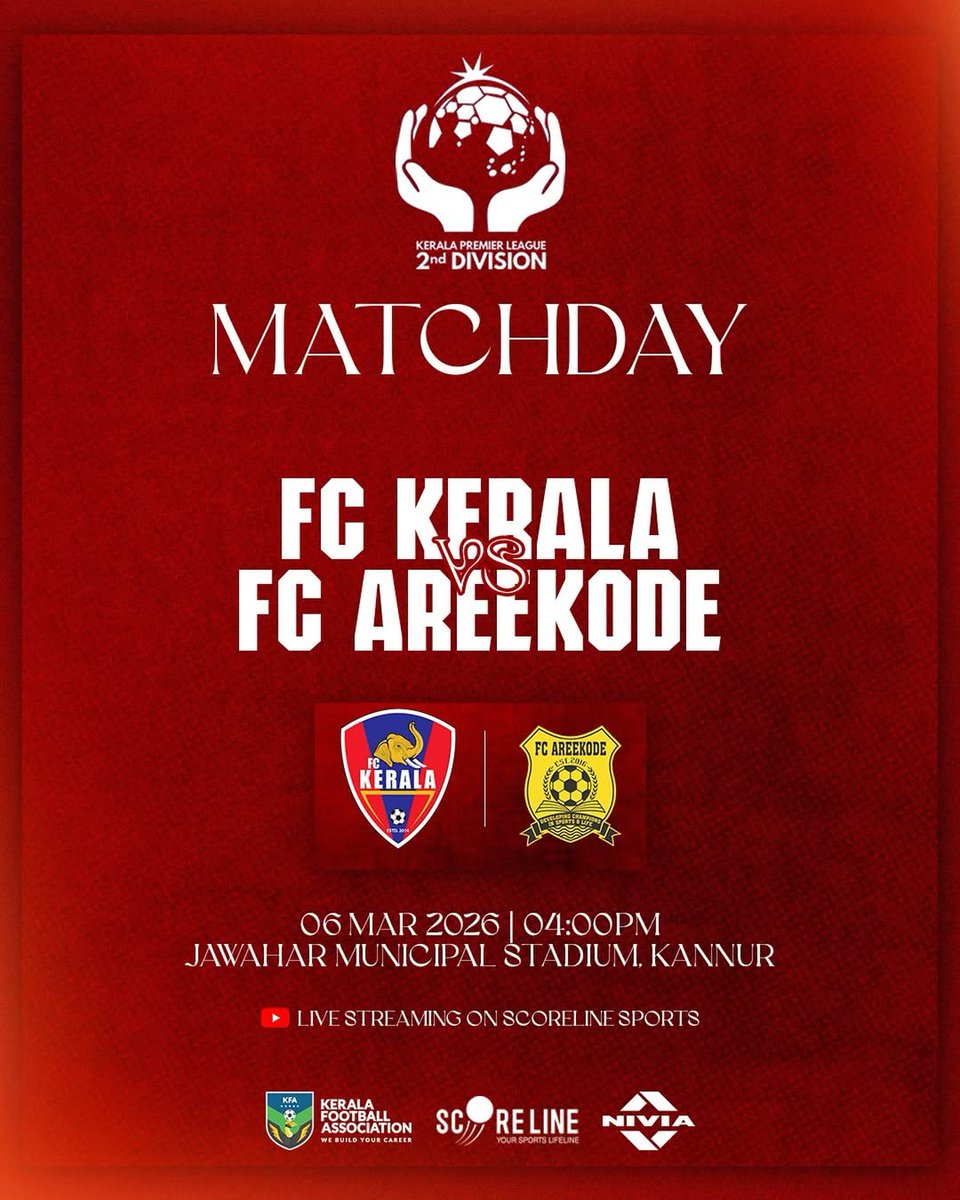 2nd Division Kerala Premier League 2025-26🏆

Match 15:  Fc Kerala vs Fc Areekode

Time : 04:00 PM. 
Venue : Jawahar Municipal Stadium, Kannur

Live stream : @scoreline_sports official YouTube channel.

#keralapremierleague #kpl2 #keralafootballassociation #indianfootball
