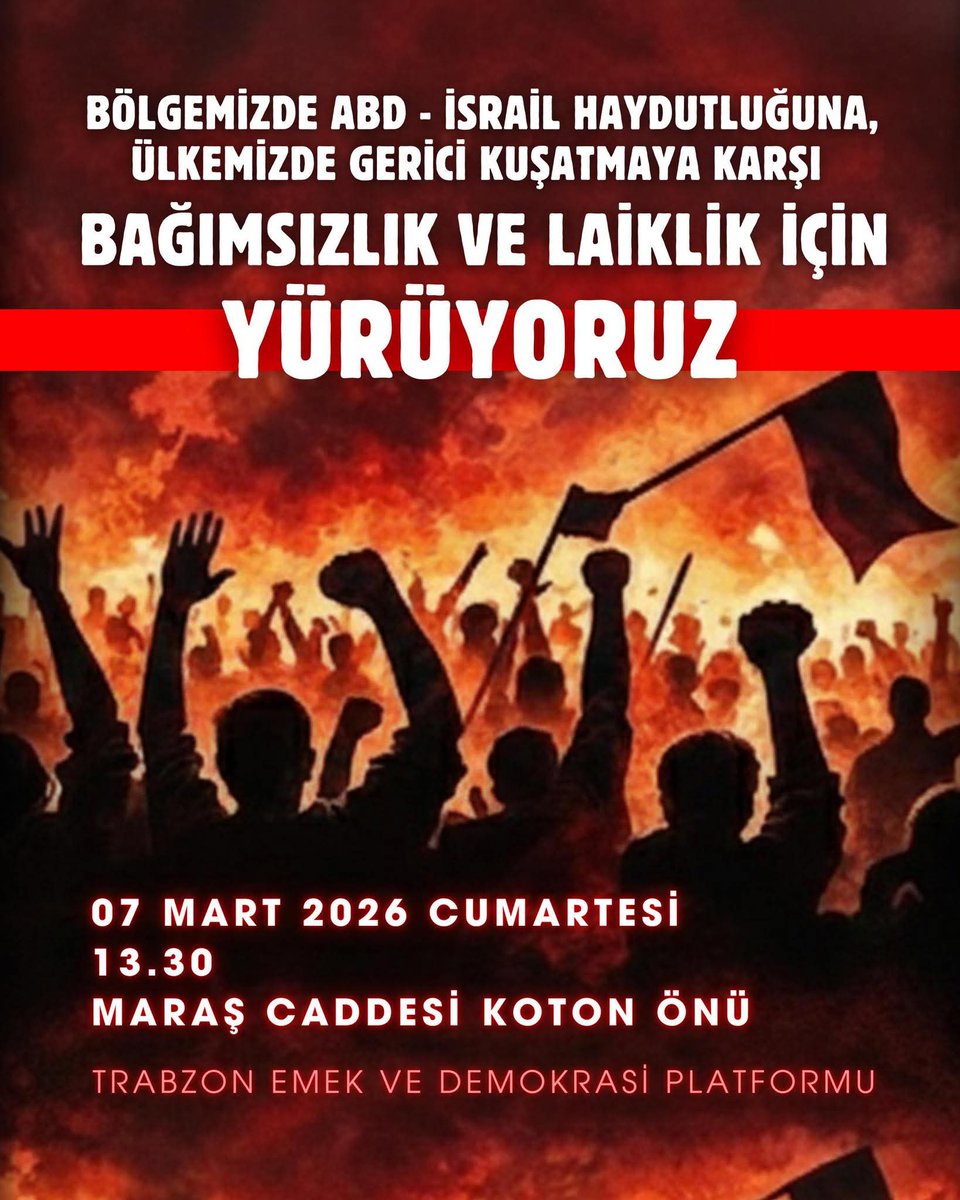 Trabzon Emek ve Demokrasi Platformu: 

-Eşit, özgür, tam bağımsız ve demokratik bir Türkiye için  

-Laikliğin, sömürünün panzehiri olduğunu haykırmak,

-İnsanca bir yaşam ve insanca bir düzen için yürüyoruz!

🗓️07 Mart  Cumartesi 
 ⏰13.30
📍Maraş Caddesi Koton Önü

<a href="/TrabzonEmek/">Trabzon Emek ve Demokrasi Platformu</a>