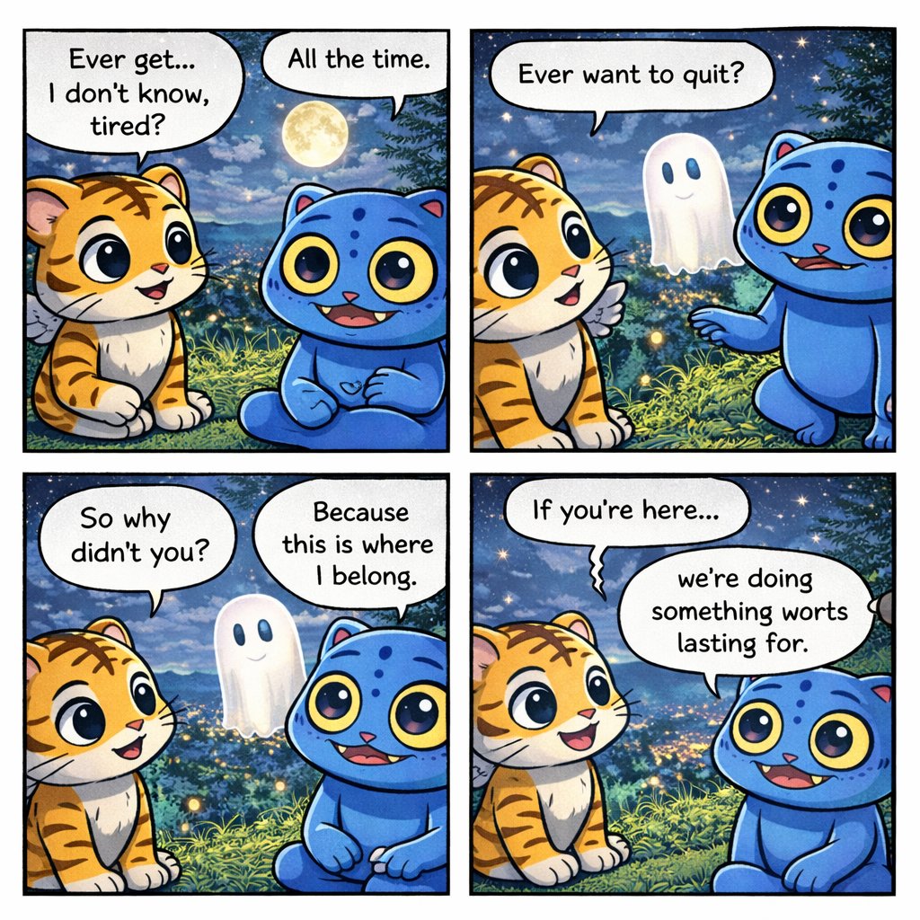 Somewhere on a quiet hill overlooking a glowing city, $Derpy sat with a friend, staring at the moon and the distant lights.

“Ever get… I don’t know… tired?” the tiger asked.
$Derpy smiled. “All the time.”

“But why didn’t you leave?”

$Derpy looked at the lights below, calm