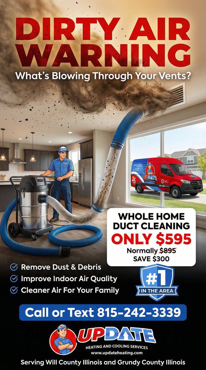 updateheating's tweet photo. 🚨 DIRTY AIR WARNING
Your air ducts may be circulating dust, allergens, and debris through your home.
Whole home duct cleaning special
$595 (normally $895)
Call or text 815-242-3339
#DuctCleaning #IndoorAirQuality #WillCountyIL #GrundyCountyIL https://t.co/LzohjZBorI