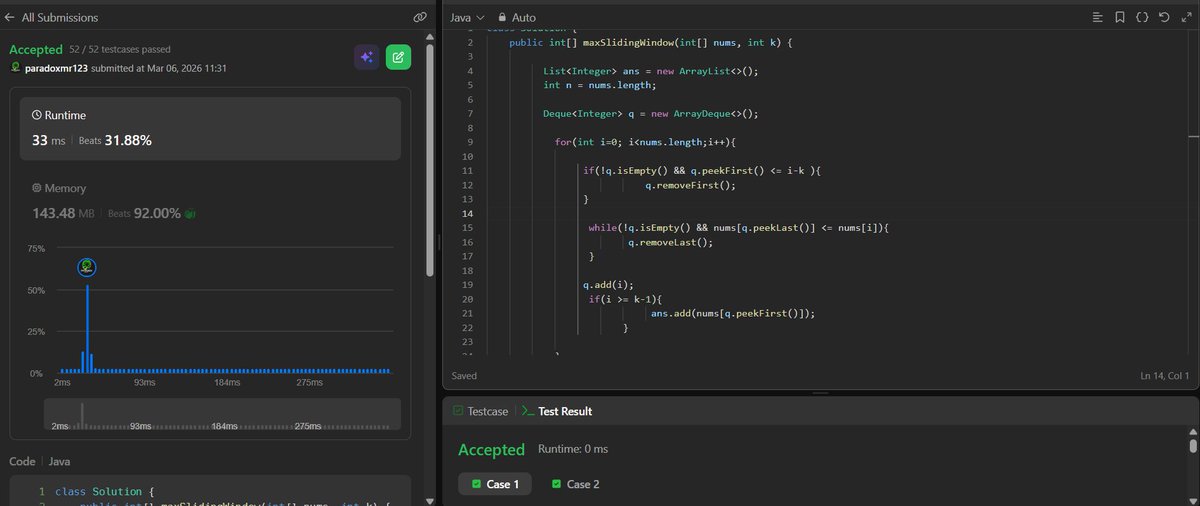 Nishant82407675's tweet image. 239. Sliding Window Maximum ( Hard)

Thought Sliding Window Maximum was easy… until TLE hit (42/52 tests) 😅

Brute force: O(n·k)
Optimized with Monotonic Deque → O(n) ⚡
Sometimes the problem isn’t the logic, it's choosing the right data structure.

#LeetCode #LearnInPublic