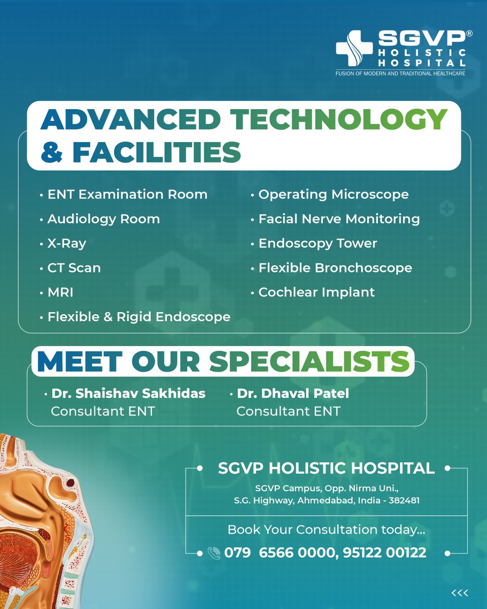 Department of ENT (Ear, Nose &amp; Throat)
If you are experiencing persistent throat pain, sinus congestion, hearing issues, or breathing difficulties, early consultation can make a significant difference.
#ENTCare #EarNoseThroat #ENTSpecialist #SinusCare #HearingHealth #Ahmedabad