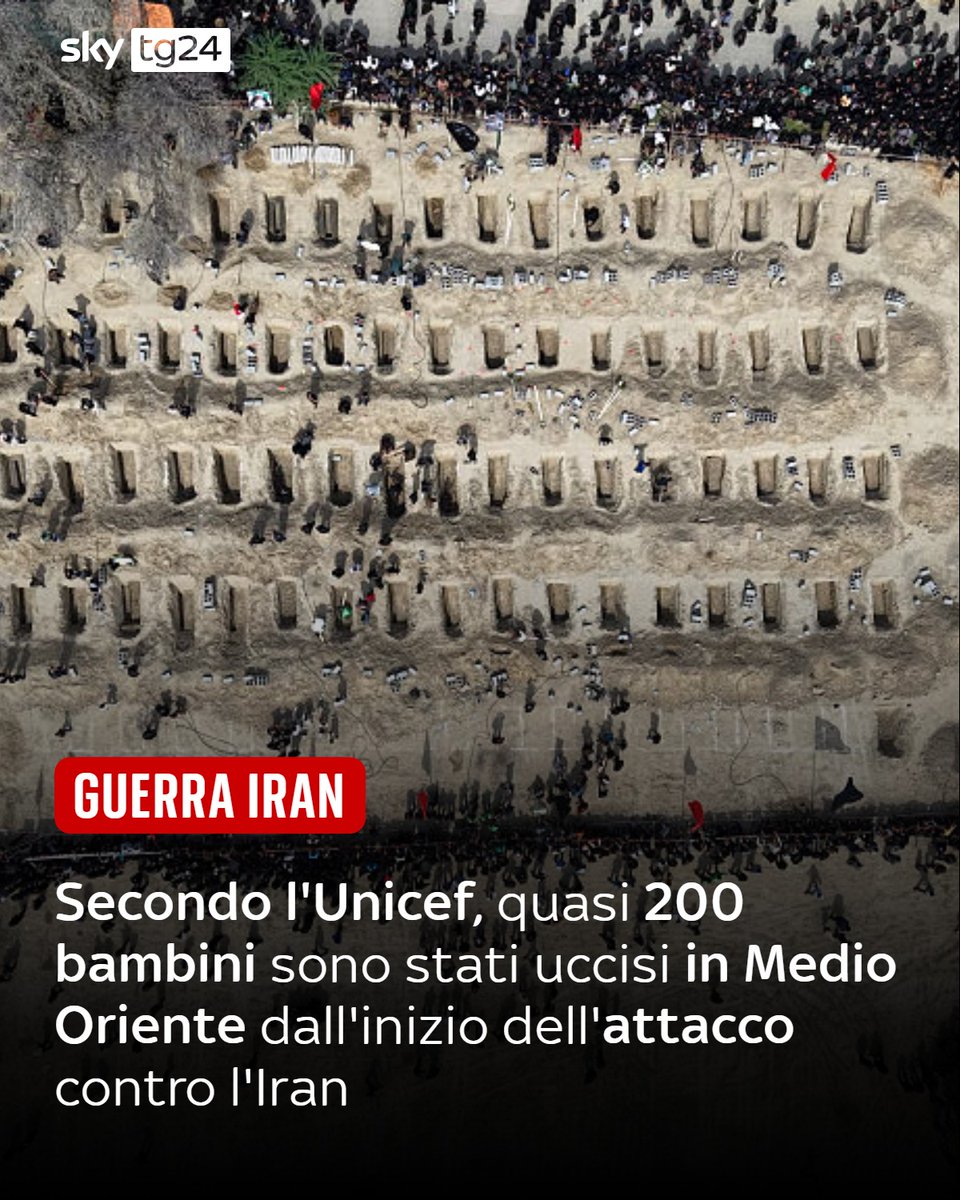 SkyTG24's tweet photo. Secondo l'Unicef, quasi 200 bambini sono stati uccisi in Medio Oriente da quando, nel fine settimana, e' iniziata l'escalation militare statunitense e israeliana contro l'Iran. Almeno 181 bambini sono stati uccisi in Iran, sette in Libano, tre in Israele e uno in Kuwait 
🔴Tutti gli aggiornamenti nel liveblog➡️ https://t.co/w1SFazhOGU