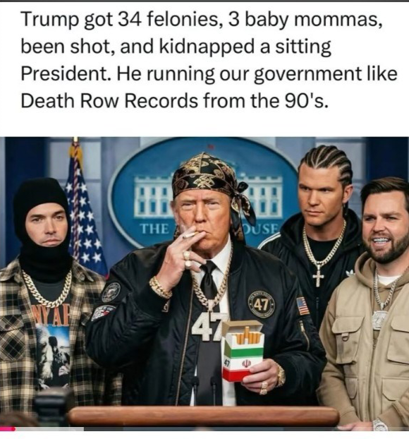 XeninaCali's tweet photo. My friend's #meme game is really strong. #forSure #indeed #lol #goodJokes #funny #clever #ai #trump #gangsta #hoodratsUnite #hoodrat https://t.co/1ELzNKQSmj