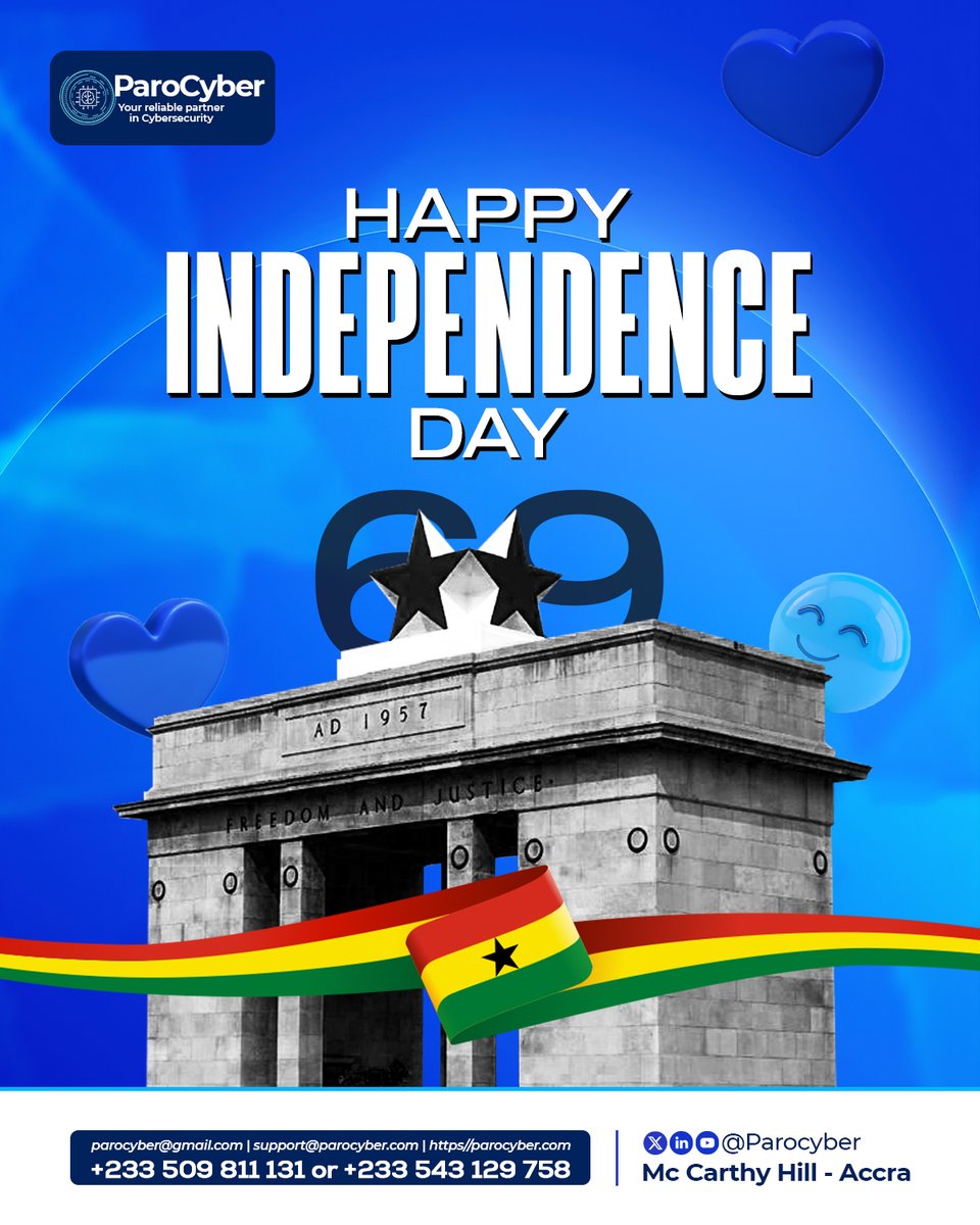 ParoCyber's tweet photo. Today we celebrate the courage, resilience, and vision that led to the freedom of Ghana on Ghana Independence Day. 

At ParoCyber, we are proud to be part of a generation building the future through technology, and innovation.

Happy Independence Day, Ghana https://t.co/Gn5O8JOYj8