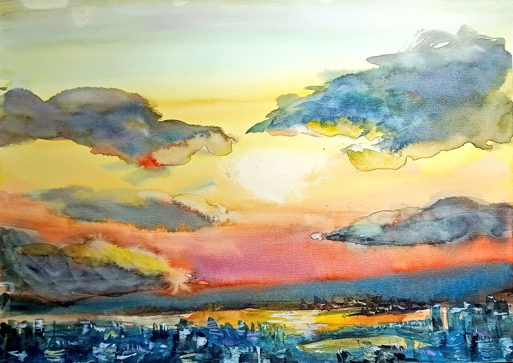 水彩画で大阪の街の夕焼けを描きました。#水彩画 #watercolorpainting