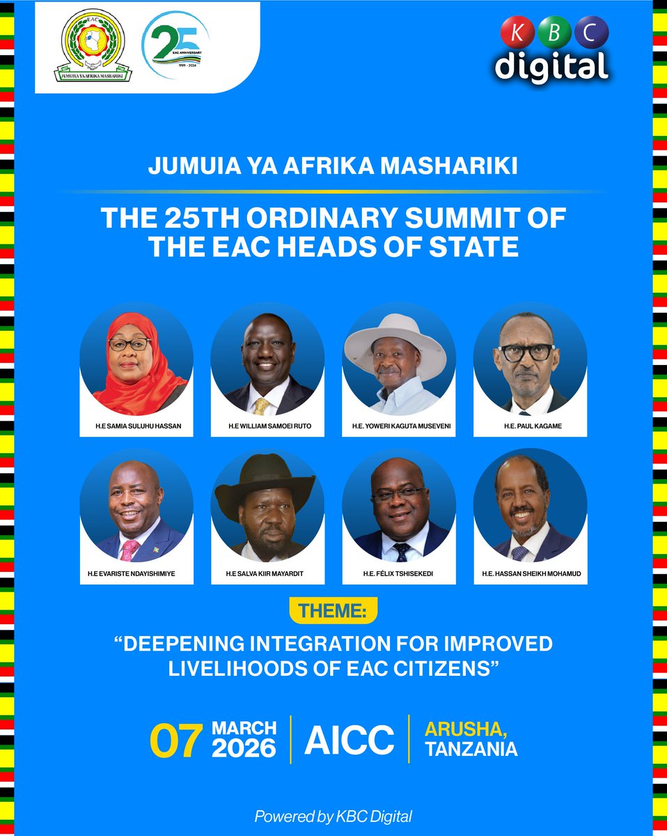 fmcoro's tweet photo. Viongozi wa Jumuiya ya Afrika Mashariki (EAC) wanakutana Arusha tarehe 7 Machi 2026 kwa Mkutano wa 25 wa Wakuu wa Nchi. Kaulimbiu: “Kuimarisha Ushirikiano kwa Kuboresha Maisha ya Wananchi wa EAC.” Hatua nyingine kuelekea Afrika Mashariki iliyoungana. https://t.co/OlrnuspywH
