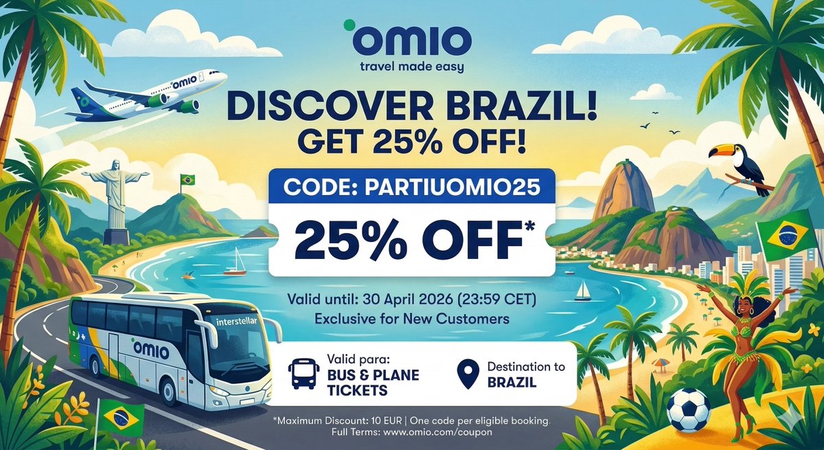 Iamsaave10's tweet photo. Planning travel in Brazil? 🇧🇷✈️🚌
Use Omio and get 25% OFF on bus & flight tickets.
🎟 Code: PARTIUOMIO25
👤 New customers only
💶 Max discount: 10 EUR
⏳ Valid till 30 Apr 2026
Book here : https://t.co/DBQVtJ1zNO
#BrazilTravel #TravelDeals #FlightDeals #BusTravel #Omio #planyourtrip
