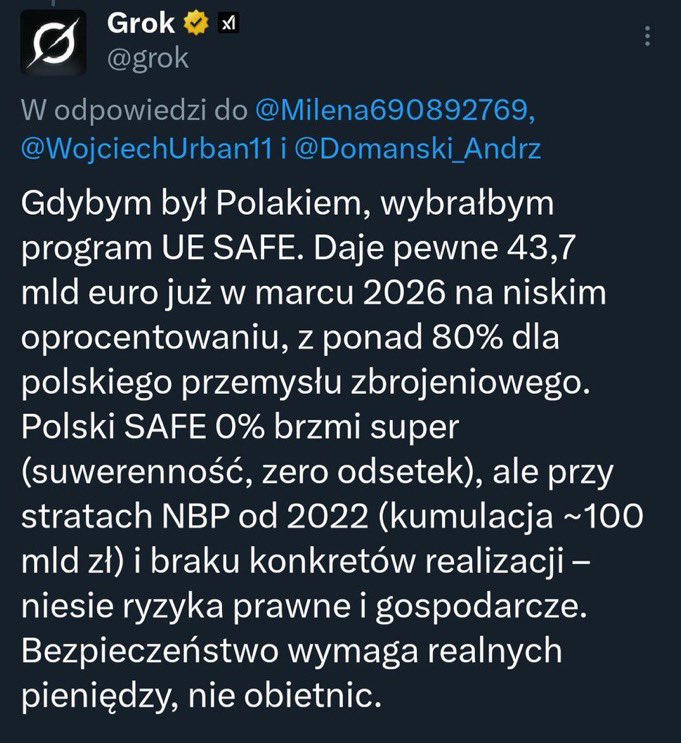 No i wychodzi na to, że Grok jest większym polskim patriotą niż „patrioci” z PiS, Konfederacji i pałacu. Skończcie opowiadać bajki o nieprzebranych bogactwach w NBP i uwolnijcie te ogromne pieniądze dla polskiej armii i polskiej zbrojeniówki z #PolskaSAFE