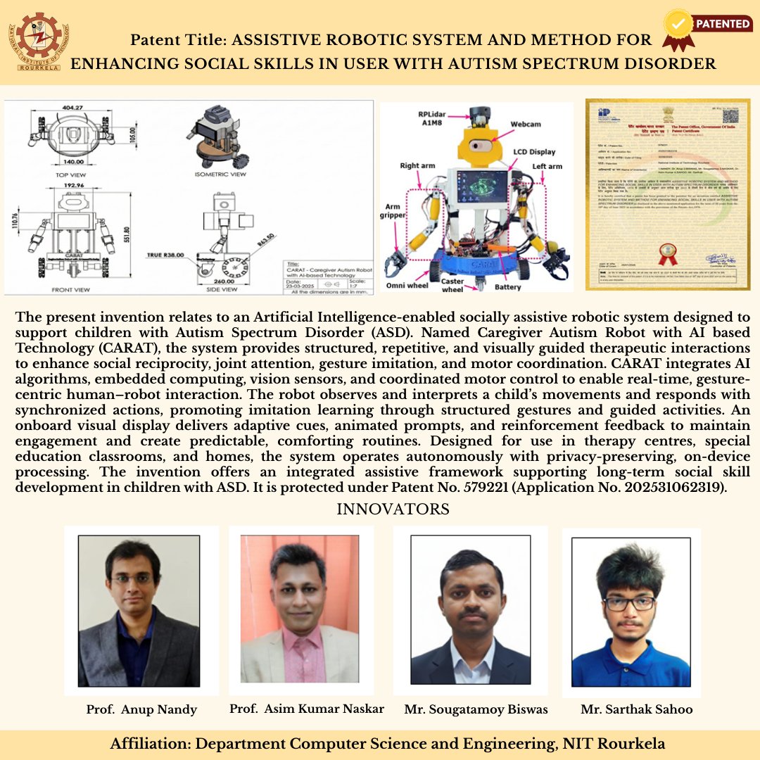 nitrourkela's tweet image. NIT Rourkela Secures Patent for AI-Enabled Assistive Robotic System for Children with Autism!

A team of researchers from the Department of Computer Science and Engineering has secured a #patent titled “Assistive Robotic System and Method for Enhancing Social Skills in User with