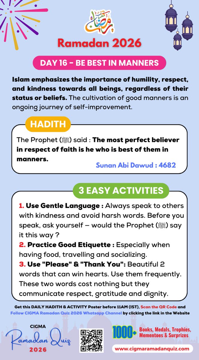 #RamadanSeries 
#RamadanDay16
#BeBestInManners
#PerfectBelieverHaveBesttMannner
#UseThankYou
#UseGentleVoice
#RamadanMubarak #Ramadan 
<a href="/asadowaisi/">Asaduddin Owaisi</a> <a href="/AIMPLB_Official/">All India Muslim Personal Law Board</a> <a href="/icna/">ICNA</a> <a href="/TariqJamilOFCL/">Tariq Jamil</a> <a href="/gioofindia/">National Federation of GIO</a> <a href="/MiddleEastEye/">Middle East Eye</a>