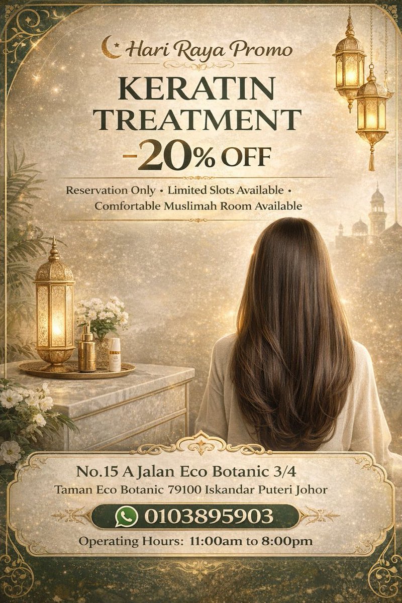 HEYHAIRSTUDIO's tweet photo. ✨ Hair Raya Special Promo ✨

Get your hair Raya🌙
Ready with our Keratin Treatments
-20% OFF ❤️‍🔥❤️‍🔥

Enjoy smoother, shinier and more manageable hair just in time for Raya!!!

🕛 Operating Hours 
11:00am to 8:00pm
DM us to book your slots 
📱 0103895903 https://t.co/XomXzwkXb0