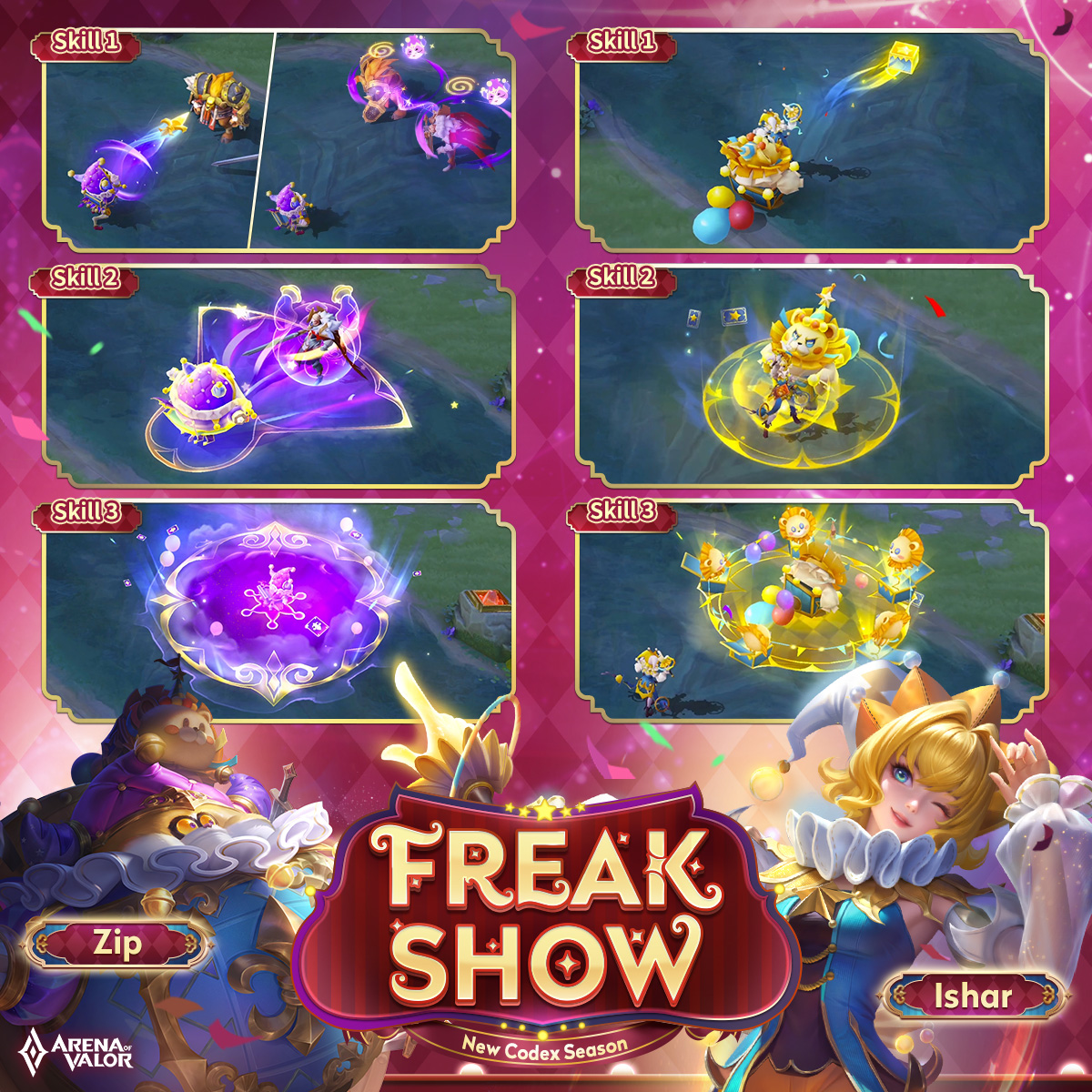 ArenaofValor's tweet image. New Codex Season — Freak Show Skin Showcase ⚡

⏰3/1-3/31
Get ready for an adorable circus-themed skin! Packed with whimsical details like lions, balloons, magic cards, and clowns… the magical stage is waiting for you!

#ArenaofValor #AOV