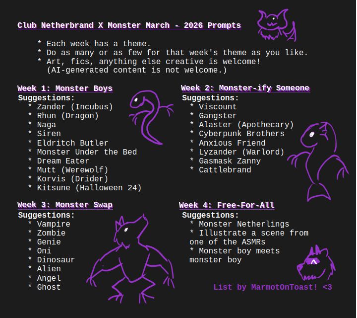 MarmotOnToast's tweet photo. For Monster March, a list of pr0mpts for the Netherling creatives! Tag with #NetherlingMonsterMarch! https://t.co/NQnOBVvsRf