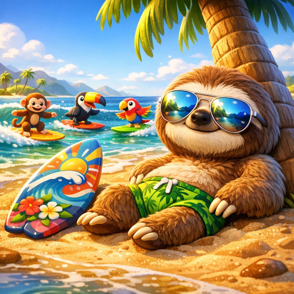OrenetDavis's tweet photo. Sonya the sloth loved to nap under a palm tree, but in his dreams he was the king of the waves. Imagining himself on a surfboard, he made up his mind: long hours of training turned the slow-moving sloth into a beach legend. Now ocean spray and wind in his fur are his reality. https://t.co/Ny2ACSvrjK