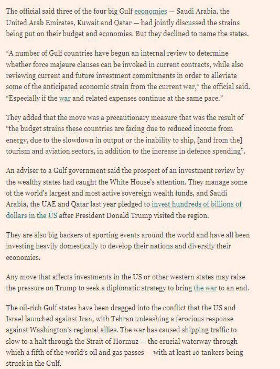 BREAKING: 🚨 END OF THE EMPIRE 

Saudi Arabia, the United Arab Emirates, Kuwait, and Qatar are discussing WITHDRAWING from contracts with the U.S. and CANCELLING future investment commitments in the U.S.

Trump has ended American dominance in the region. It’s over.