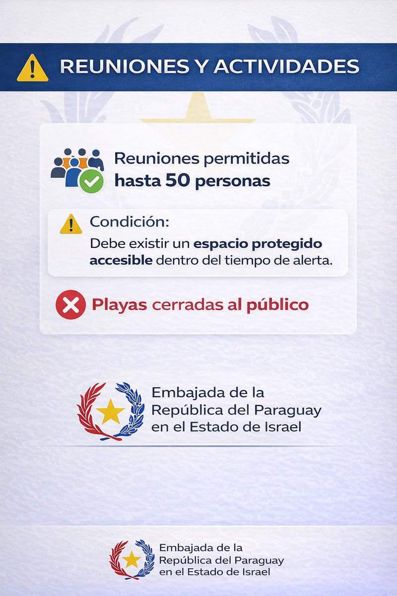 Emb_Rubin_py's tweet photo. ⚠️ Actualización de seguridad

Se solicita a los ciudadanos paraguayos en Israel seguir las directivas del Home Front Command

ℹ️ Información oficial:
https://t.co/2oydaIgSev  https://t.co/htFNY0WFp4