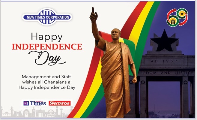 Ghanaian_Times's tweet image. Happy Independence Day, Ghana!

Management and staff of New Times Corporation, publishers of Ghanaian Times and The Spectator, wish all Ghanaians a joyful celebration as we mark 69 years of freedom and nationhood.

#GhanaAt69 #HappyIndependenceDay #GhanaianTimes #TheSpectator
